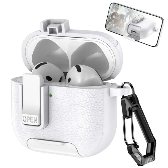 Decase Compatible with Airpods 4th Gen Case with Phone Stand,Full Body Drop Protection Cover Automatic Snap Switch Lock Design w/ Carabiner Keychain Headphone Case Fits for Airpods 4th Gen,White