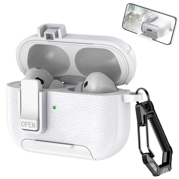 Decase Compatible with Airpods Pro (2019) Case with Phone Stand,Full Body Drop Protection Cover Automatic Snap Switch Lock Design with Carabiner Keychain Leather Texture Headphone Case,White