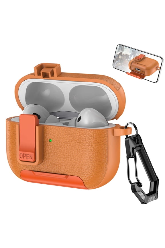 Compatible with Airpods Pro (2019) Case with Phone Stand,Full Body Drop Protection Cover Automatic Snap Switch Lock Design with Carabiner Keychain Leather Texture Headphone Case,Orange