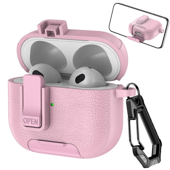 Decase Compatible with Apple AirPods 3rd Gen (2021) Case with Phone Stand,Full Body Drop Protection Cover Automatic Snap Switch Lock Design w/ Carabiner Keychain Headphone Case,Pink