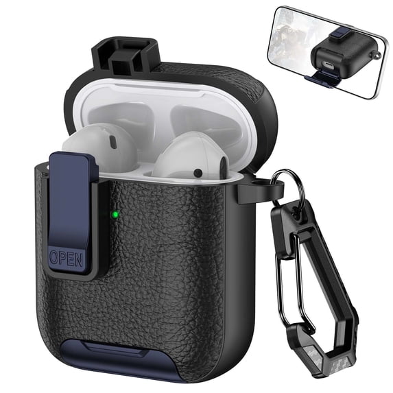 Decase Compatible with Apple Airpods 2nd Gen / 1st Gen Case with Phone Stand,Full Body Drop Protection Cover Automatic Snap Switch Lock Design with Carabiner Keychain Headphone Case,Blueblack