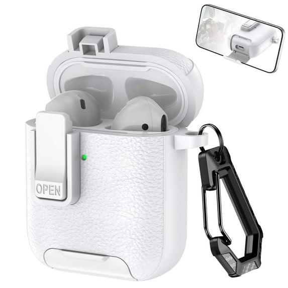 Decase Compatible with Apple Airpods 2nd Gen / 1st Gen Case with Phone Stand,Full Body Drop Protection Cover Automatic Snap Switch Lock Design with Carabiner Keychain Headphone Case,White