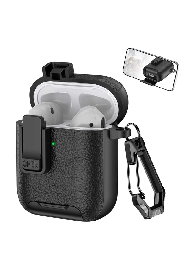 Compatible with Apple Airpods 2nd Gen / 1st Gen Case with Phone Stand,Full Body Drop Protection Cover Automatic Snap Switch Lock Design with Carabiner Keychain Headphone Case,Black