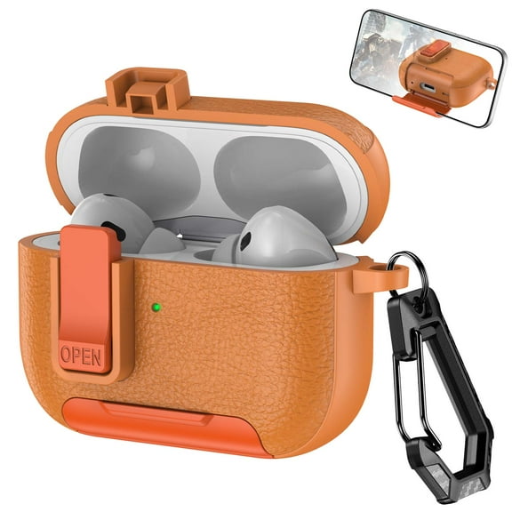 Decase Compatible with Apple Airpods Pro 2nd Gen (2022) Case with Phone Stand,Full Body Drop Protection Cover Automatic Snap Switch Lock Design with Carabiner Keychain Headphone Case,Orange