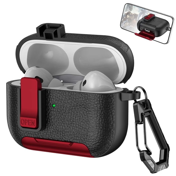 Decase Compatible with Apple Airpods Pro 2nd Gen (2022) Case with Phone Stand,Full Body Drop Protection Cover Automatic Snap Switch Lock Design with Carabiner Keychain Headphone Case,Redblack