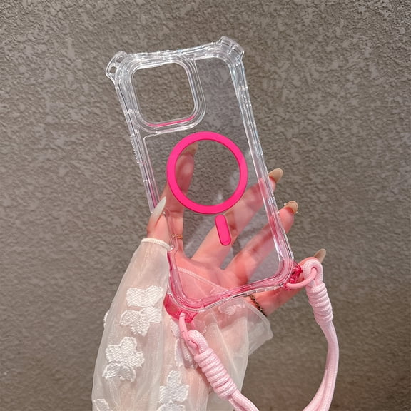Decase Compatible with Apple iPhone 14 Pro Max Gradient Mag-Safe Case,Shock-Resistant Rugged PC+TPU Protective Cover,Dual-Layer Anti-Scratch Transparent Magnetic Case with Strap Lanyard,Pink