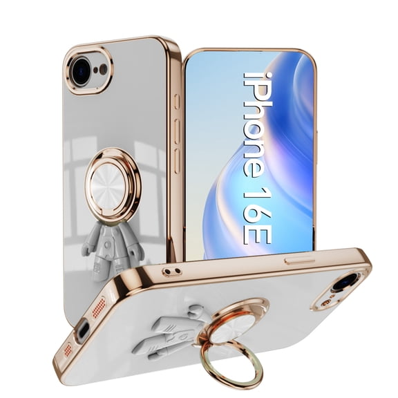 Decase Compatible with Apple iPhone 16e Case with Ring Stand Plating Astronaut Pattern 360°Rotatable Ring Holder,for iPhone 16e 2025 Phone Case Silicone Shockproof Protective Slim Cover,White