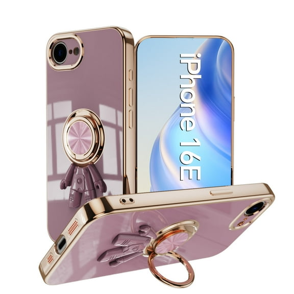 Decase Compatible with Apple iPhone 16e Case with Ring Stand Plating Astronaut Pattern 360°Rotatable Ring Holder,for iPhone 16e 2025 Phone Case Silicone Shockproof Protective Slim Cover,Purple
