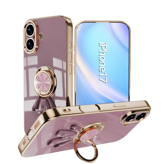Decase Compatible with Apple iPhone 17 Case with Ring Stand Plating Astronaut Pattern 360°Rotatable Ring Holder,for iPhone 17 2025 Phone Case Silicone Shockproof Protective Slim Cover,Purple