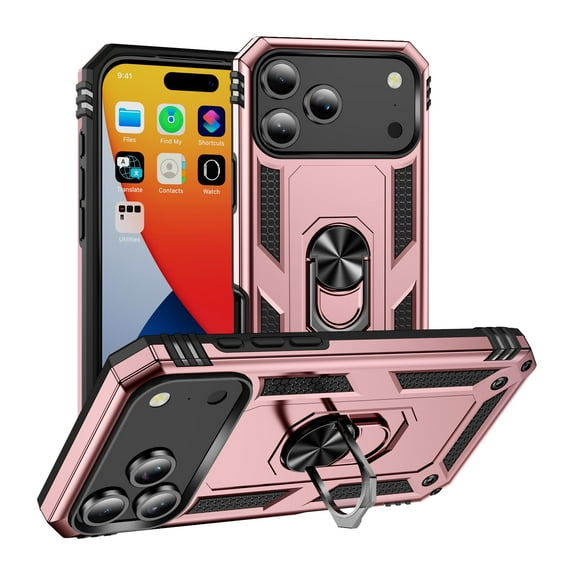 Decase Compatible with Apple iPhone 17 Pro Case,360° Rotating Kickstand,Heavy Duty Shockproof Phone Case,Rugged Dual-Layer Hybrid Hard Cover,Rosegold