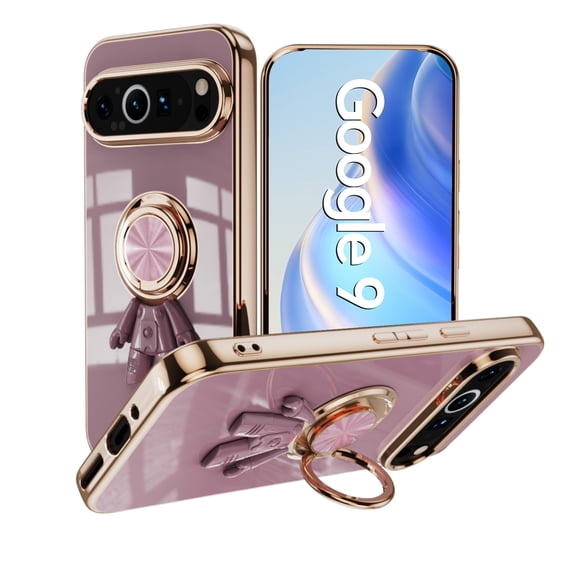 Decase Compatible with Google Pixel 9 / 9 Pro Case w/ Ring Stand Plating Astronaut Pattern 360°Rotatable Ring Holder,for Pixel 9 / 9 Pro Phone Case Silicone Shockproof Protective Slim Cover,Purple