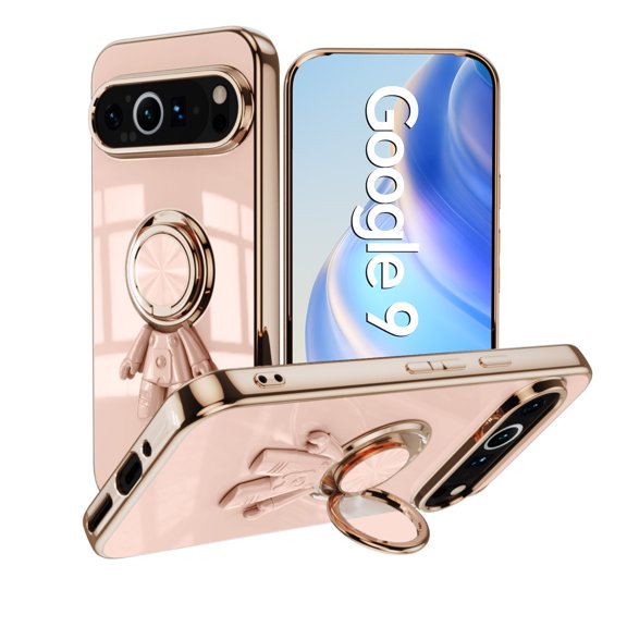Decase Compatible with Google Pixel 9 / 9 Pro Case w/ Ring Stand Plating Astronaut Pattern 360°Rotatable Ring Holder,for Pixel 9 / 9 Pro Phone Case Silicone Shockproof Protective Slim Cover,Lightpink