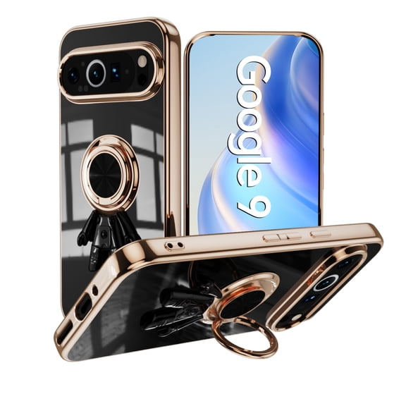 Decase Compatible with Google Pixel 9 / 9 Pro Case w/ Ring Stand Plating Astronaut Pattern 360°Rotatable Ring Holder,for Pixel 9 / 9 Pro Phone Case Silicone Shockproof Protective Slim Cover,Black