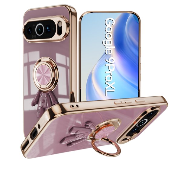 Decase Compatible with Google Pixel 9 Pro XL Case with Ring Stand Plating Astronaut Pattern 360°Rotatable Ring Holder,for Pixel 9 Pro XL Phone Case Silicone Shockproof Protective Slim Cover,Purple