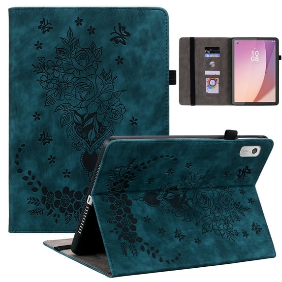 Decase Compatible with Lenovo Tab M9 Cover 9.0 inch (TB-310FU,2023 Released) with Pencil Holder,Tri-Fold Stand Embossed Rose Pattern Slim Fit Protective Cover for Lenovo Tab M9 Tablet,Blue