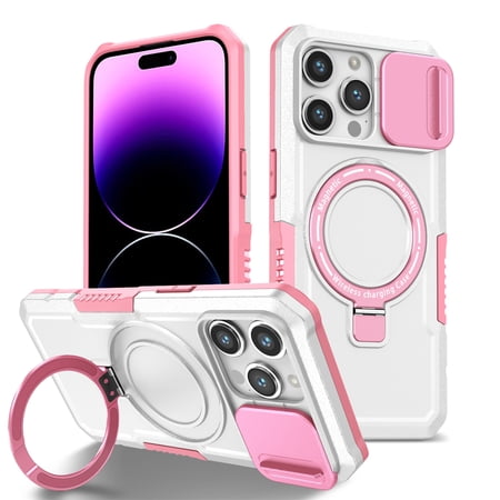 Decase Compatible with MagSafe Case for iPhone 15, Magnetic Invisible Ring Stand,Slim Shockproof Dual-Layer Anti-Scratch Slide Camera Lens Protector PC Back Cover Case, B