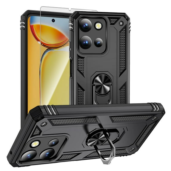 Decase Compatible with Moto G 5G(2025) Case+1-Pack Tempered Screen Protector, Military Grade Drop Protection Cover with 360° Rotating Kickstand, Heavy Duty Shockproof Rugged Phone Case,Black