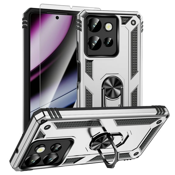 Decase Compatible with Moto G Power (2025) Case+1-Pack Tempered Screen Protector, Military Grade Drop Protection Cover with 360° Rotating Kickstand, Heavy Duty Shockproof Rugged Phone Case,Silver