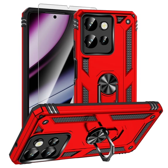 Decase Compatible with Moto G Power (2025) Case+1-Pack Tempered Screen Protector, Military Grade Drop Protection Cover with 360° Rotating Kickstand, Heavy Duty Shockproof Rugged Phone Case,Red