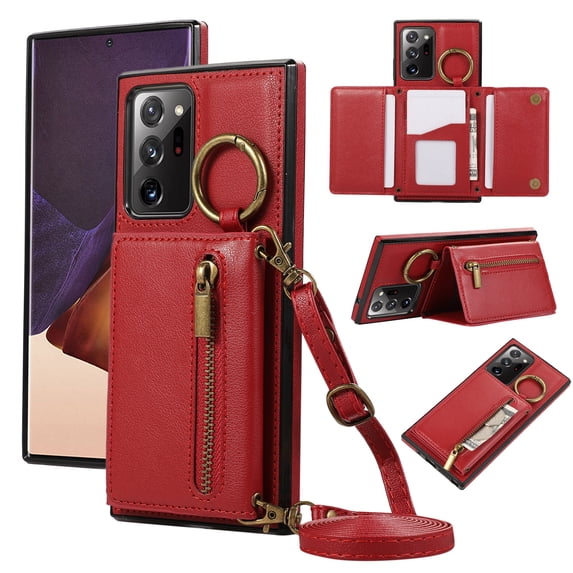 Decase Compatible with Samsung Galaxy Note 20 Ultra Case with Card Holder and Strap for Women,Crossbody Lanyard,Stand Ring Kickstand,Snap Clasp,Phone Wallet Case,Red