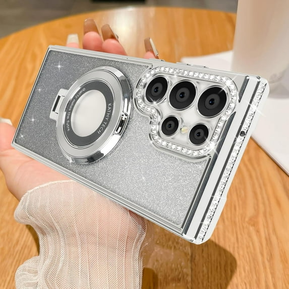 Decase Compatible for Samsung Galaxy S23 Ultra Mag-Safe Case,Support Wireless Charging with Invisible Ring Kickstand Bling Rhinestone Diamond Case for Women Girls for Galaxy S23 Ultra,Glitter Silver