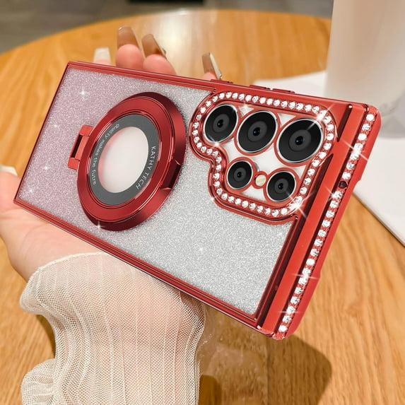 Decase Compatible for Samsung Galaxy S23 Ultra Mag-Safe Case,Support Wireless Charging with Invisible Ring Kickstand Bling Rhinestone Diamond Case for Women Girls for Galaxy S23 Ultra,Glitter Red