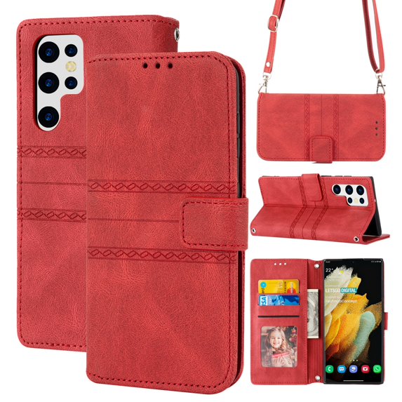 Decase Compatible with Samsung Galaxy S23 Ultra Wallet Case,Multi-Function Wallet Case,Magnetic Wallet Case with Card Holder,PU Leather Kickstand Flip Cover with Detachable Lanyard, Red
