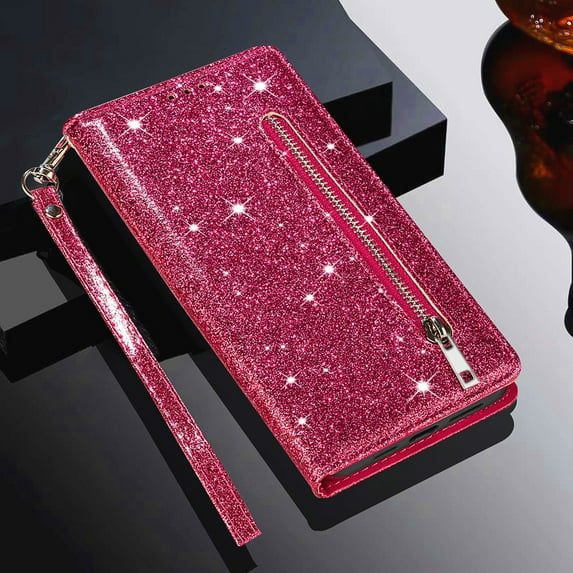 Decase Compatible with Samsung Galaxy S24 + Plus Wallet-style Case,Luxury Bling Glitter PU Leather Zipper Pocket Card Holder Kickstand Cover Case with Wristband Strap for Galaxy S24 Plus - Rose
