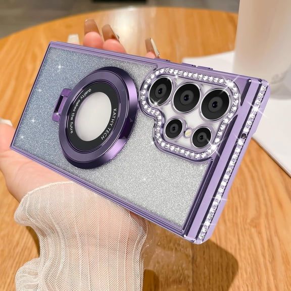 Decase Compatible for Samsung Galaxy S24 Ultra Mag-Safe Case,Support Wireless Charging with Invisible Ring Kickstand Bling Rhinestone Diamond Case for Women Girls for Galaxy S24 Ultra,Glitter Purple
