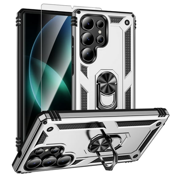 Decase Compatible with Samsung Galaxy S25 Ultra 2025 Case+1-Pack Tempered Screen Protector,Military Grade Drop Protection Cover with 360° Rotating Kickstand,Heavy Duty Shockproof Phone Case,Silver