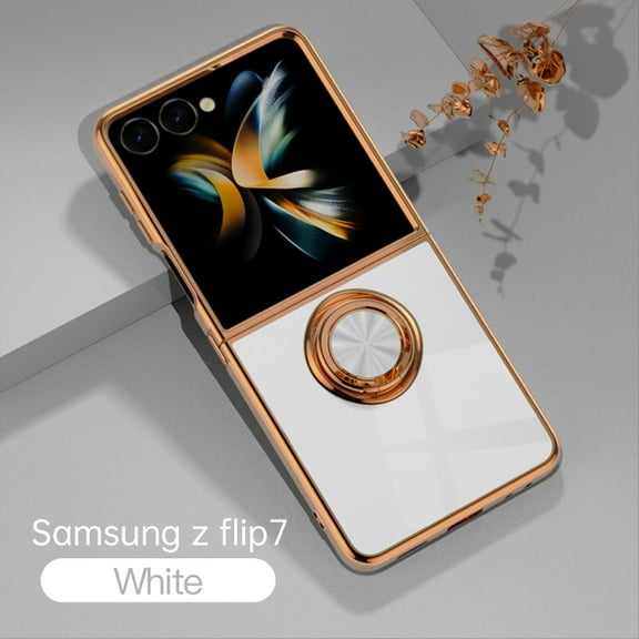 Decase Compatible with Samsung Galaxy Z Flip 7 Case with Magnetic Adjustable Ring,Plated Golden Edge and Luxury Shockproof Protection for Galaxy Z Flip 7 5G 2025 Case for Women Men,White