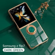 Decase Compatible with Samsung Galaxy Z Flip 7 Case with Magnetic Adjustable Ring,Plated Golden Edge and Luxury Shockproof Protection for Galaxy Z Flip 7 5G 2025 Case for Women Men,Darkgreen