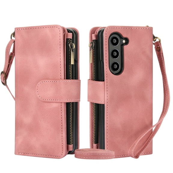 Decase Compatible with Samsung Galaxy Z Fold 6 Case, Wallet Case for Galaxy Z Fold 6 Case with Card Holder, RFID Blocking PU Leather Flip Case for Women Men with Zipper Case,Rosegold