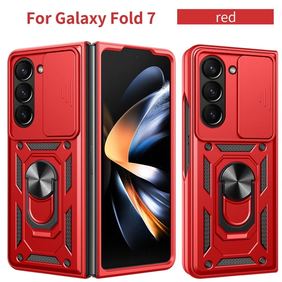 Decase Compatible with Samsung Galaxy Z Fold7 Rugged Case, Shockproof Case with Slide Lens Cover,Compatible with Samsung Galaxy Z Fold7 Case Ring Kickstand 2 in 1 Phone Case Cover,Red