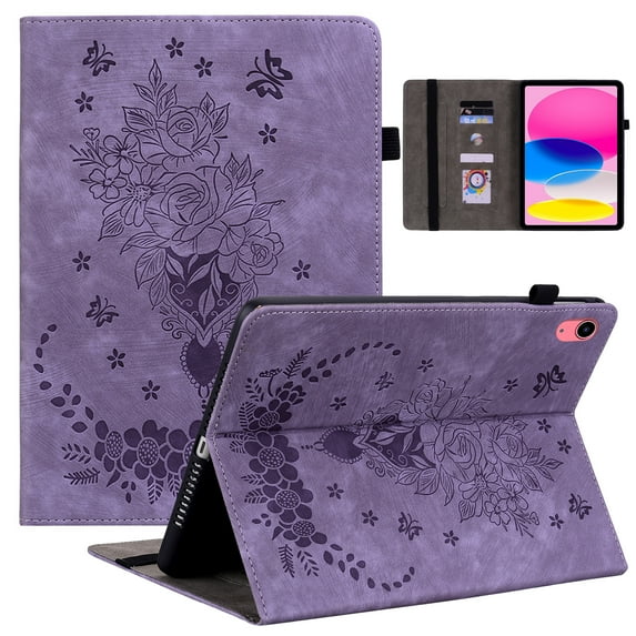 Decase Compatible with iPad 10th Generation Case 10.9 Inch 2022 with Pencil Holder,Tri-Fold Stand Embossed Rose Pattern Slim Fit Protective Cover for iPad Case 10th,Auto Sleep/Wake,Purple