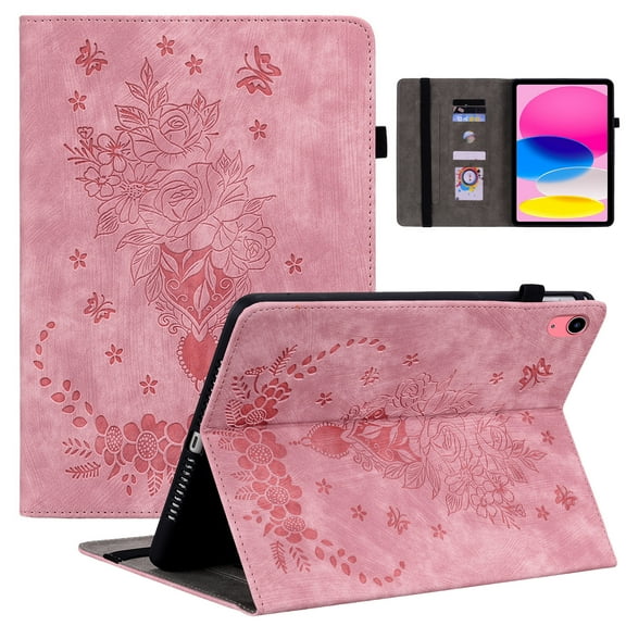 Decase Compatible with iPad 10th Generation Case 10.9 Inch 2022 with Pencil Holder,Tri-Fold Stand Embossed Rose Pattern Slim Fit Protective Cover for iPad Case 10th,Auto Sleep/Wake,Pink