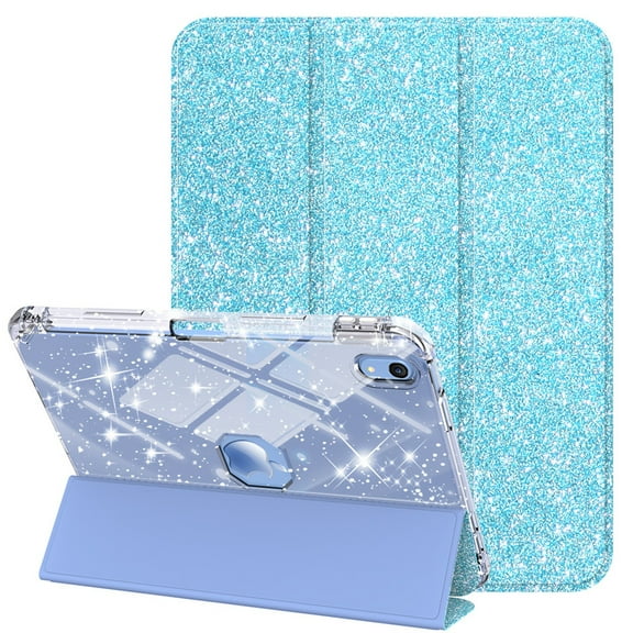 Decase Compatible with iPad A16 11th Generation 11 Inch 2025 Sparkle Cute Case,Glitter Cover with Sparkly Clear Back,Pencil Holder, Fits for iPad Case 10th Generation 10.9 Inch for Kids Girls,Blue