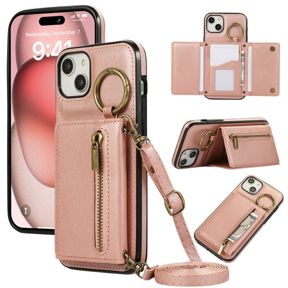 Decase Compatible with iPhone 14 Case with Card Holder and Strap for Women,Crossbody Lanyard,Stand Ring Kickstand,Snap Clasp,Phone Wallet Case,Rosegold