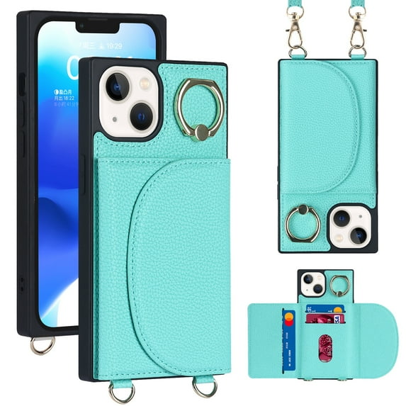 Decase Compatible with iPhone 14 Pro Case, Crossbody Wallet Case, Adjustable Detachable Lanyard Neck Strap with Ring Stand Leather Card Holder Protective Cover, Green