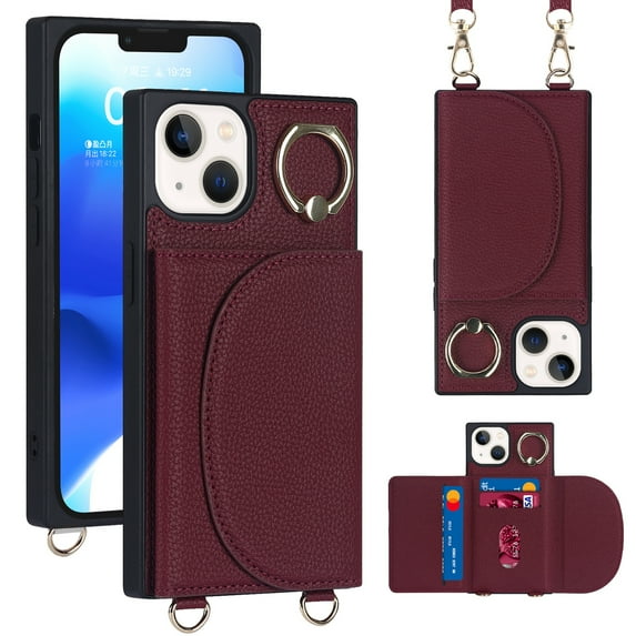 Decase Compatible with iPhone 14 Pro Case, Crossbody Wallet Case, Adjustable Detachable Lanyard Neck Strap with Ring Stand Leather Card Holder Protective Cover, Winered