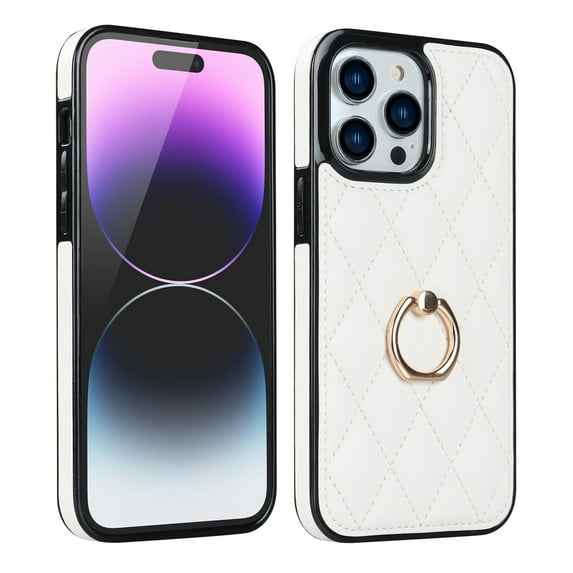Decase Compatible With iPhone 14 Pro Max 6.7" Leather Case with 360° Rotate Ring Holder Stand, Luxury Rhomboid Leather Back Soft Frame Shockprood Protective Cover for iPhone 14 Pro Max, White