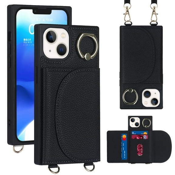 Decase Compatible with iPhone 14 Pro Max Case, Crossbody Wallet Case, Adjustable Detachable Lanyard Neck Strap with Ring Stand Leather Card Holder Protective Cover, Black