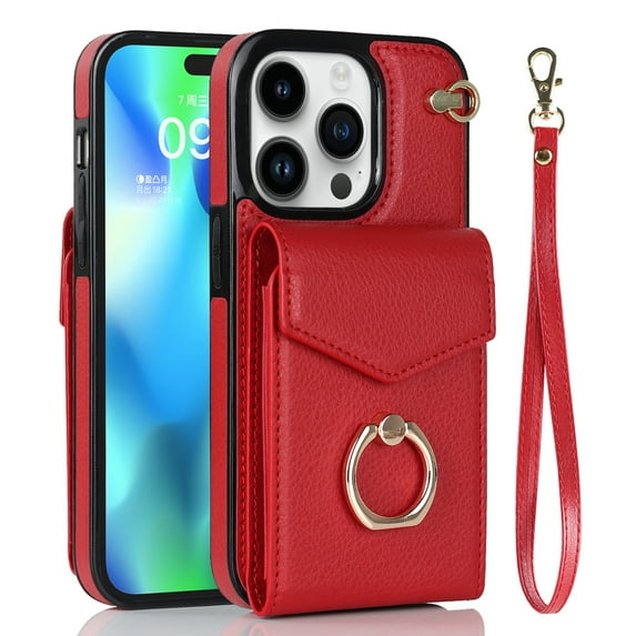 Decase Compatible with iPhone 14 Pro Max Case Wallet with Card Holder, 360°Rotation Finger Ring Holder Kickstand, RFID Blocking Leather Buttons Shockproof Wrist Strap Cover 6.7 Inch, Red