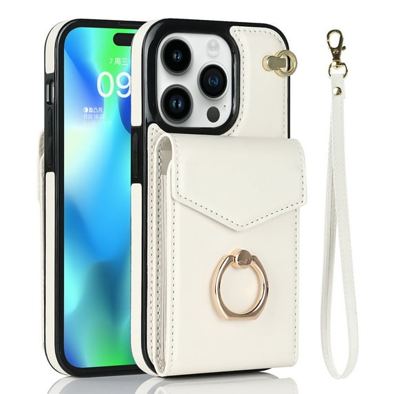 Decase Compatible with iPhone 14 Pro Max Case Wallet with Card Holder, 360°Rotation Finger Ring Holder Kickstand, RFID Blocking Leather Buttons Shockproof Wrist Strap Cover 6.7 Inch, White