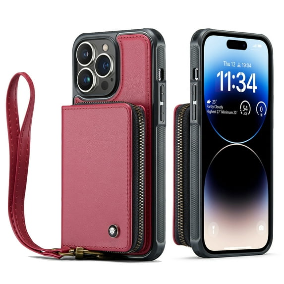Decase Compatible with iPhone 14 Pro Max,Shockproof Zipper Wallet Case with RFID Card Holder Slot Wrist Strap Handbag Protective Leather Cover For iPhone 14 Pro Max, Red