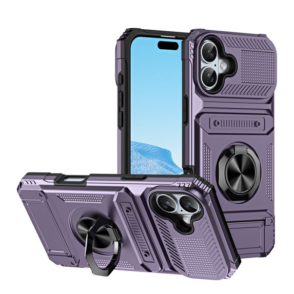 Decase Compatible with iPhone 16 5G Brackets Case,Car Mount Magnetic Kickstand Carrying Card Slots 2 in 1 Anti-Fall Phone Case,Shockproof Rugged Case for iPhone 16,Violet