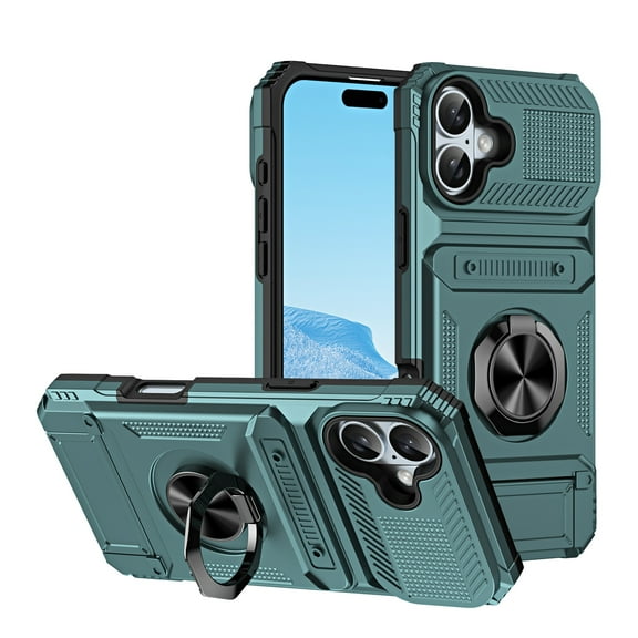 Decase Compatible with iPhone 16 5G Brackets Case,Car Mount Magnetic Kickstand Carrying Card Slots 2 in 1 Anti-Fall Phone Case,Shockproof Rugged Case for iPhone 16,Green