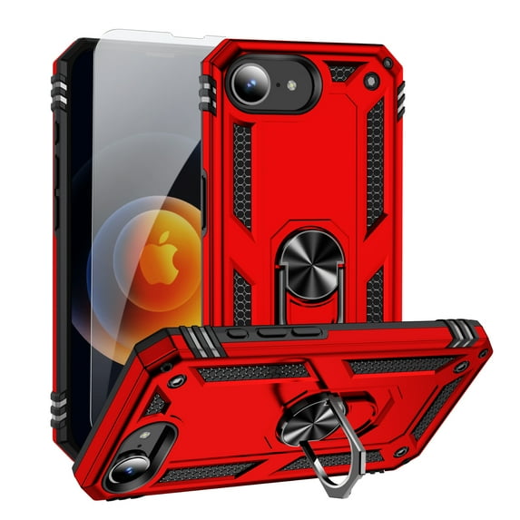 Decase Compatible with iPhone 16E 2025 Case+1-Pack Tempered Screen Protector, Military Grade Drop Protection Cover with 360° Rotating Kickstand, Heavy Duty Shockproof Rugged Phone Case,Red