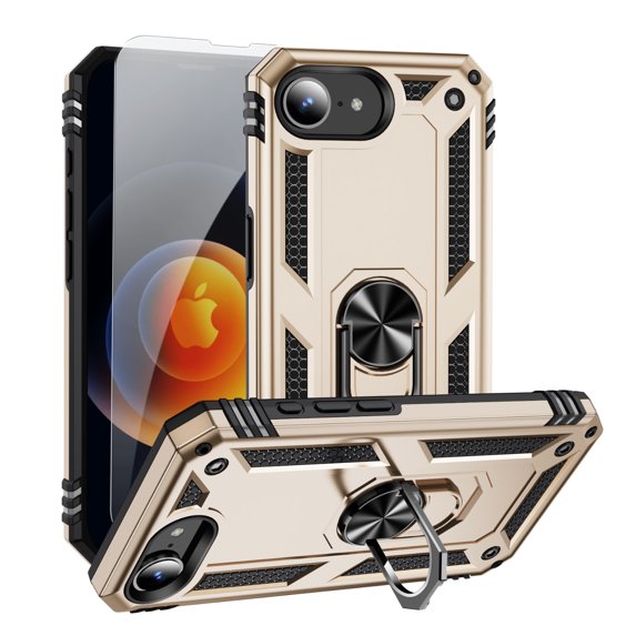 Decase Compatible with iPhone 16E 2025 Case+1-Pack Tempered Screen Protector, Military Grade Drop Protection Cover with 360° Rotating Kickstand, Heavy Duty Shockproof Rugged Phone Case,Gold