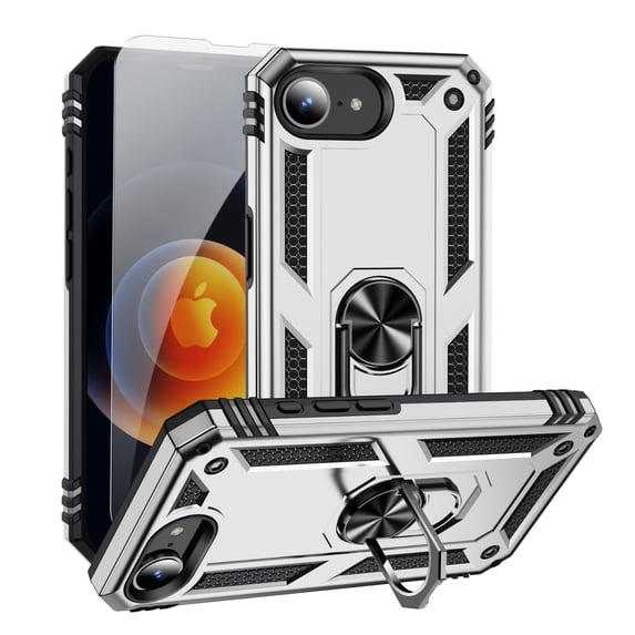 Decase Compatible with iPhone 16E 2025 Case+1-Pack Tempered Screen Protector, Military Grade Drop Protection Cover with 360° Rotating Kickstand, Heavy Duty Shockproof Rugged Phone Case,Silver